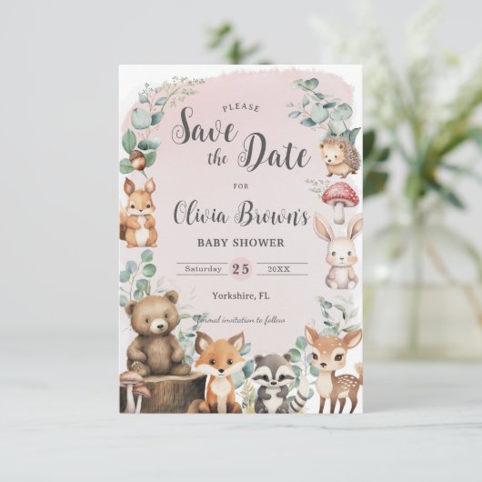 Schattige bosdieren groen roze Baby shower Save The Date (Staand voorkant)