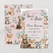 Schattige bosdieren groen roze Baby shower Save The Date (Voorkant / Achterkant)