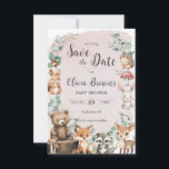 Schattige bosdieren groen roze Baby shower Save The Date<br><div class="desc">Personaliseer dit schattige bosgebied en bespaar de datum gemakkelijk en snel. Klik op de knop Bewerken met ontwerpgereedschappen om de tekst verder te bewerken,  lettertypen en lettertypekleuren te wijzigen. Met schattige baby bosdieren. Overeenkomende objecten beschikbaar in de winkel. c) Somerset Fine Paperie</div>