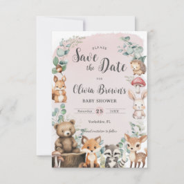 Schattige bosdieren groen roze Baby shower Save The Date
