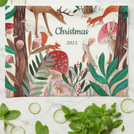 Schattige bosdieren kerstbos theedoek