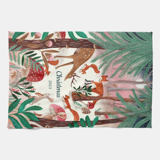 Schattige bosdieren kerstbos theedoek (Horizontaal)