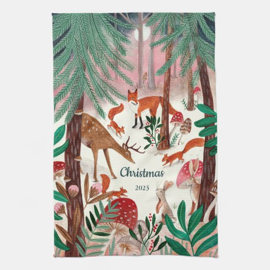 Schattige bosdieren kerstbos theedoek (Verticaal)