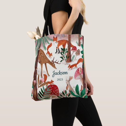 Schattige bosdieren Kerstmis bos Tote Bag (Dichtbij)