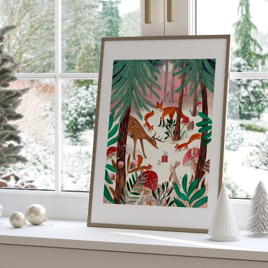 Schattige bosdieren Roze Kerstwoud Poster