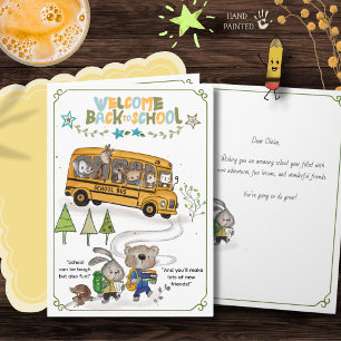 Schattige bosdieren schoolbus terug naar school feestdagen kaart