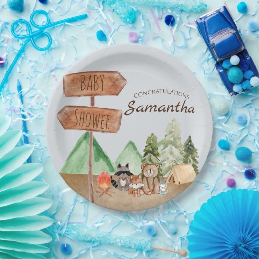 Schattige bosgebied bosdieren camping Baby shower Papieren Bordje (Feest)