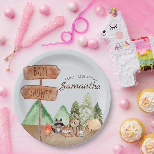 Schattige bosgebied bosdieren camping Baby shower Papieren Bordje (Feest)