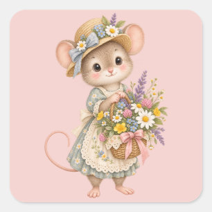 Schattige Bosmuis – Europese Cottage Tuin Illustra Vierkante Sticker