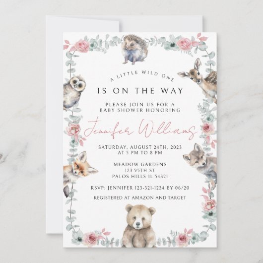 Schattige bosrijke bosdieren baby meisje douche kaart (Voorkant)