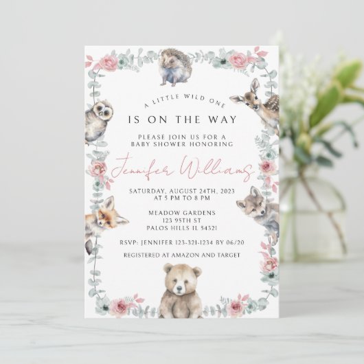 Schattige bosrijke bosdieren baby meisje douche kaart (Staand voorkant)