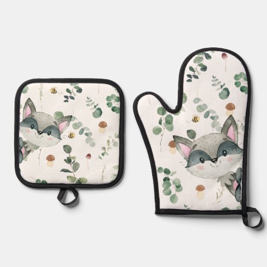 Schattige bosrijke wasbeer groen bijen champignons ovenwant & pannenlap set (Voorkant)