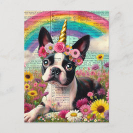Schattige Boston Terrier Eenhoorn Puppy Wildflower Briefkaart