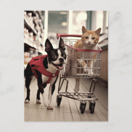 Schattige Boston Terrier en een Ginger Cat Shoppin Briefkaart