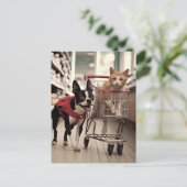 Schattige Boston Terrier en een Ginger Cat Shoppin Briefkaart (Staand voorkant)
