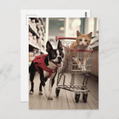 Schattige Boston Terrier en een Ginger Cat Shoppin Briefkaart (Voorkant / Achterkant)