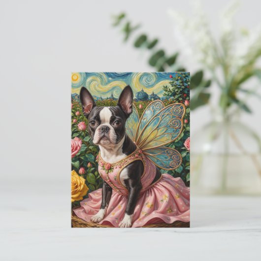 Schattige Boston Terrier Fairy in een Roos Tuin Briefkaart (Staand voorkant)