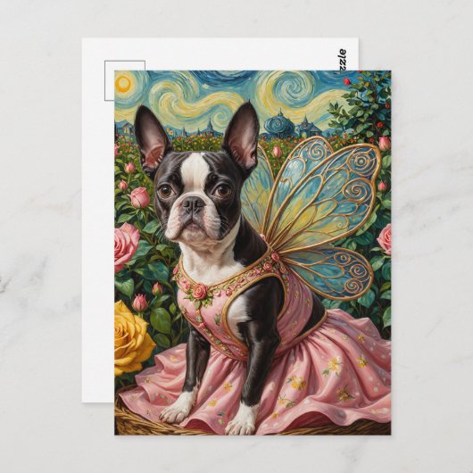 Schattige Boston Terrier Fairy in een Roos Tuin Briefkaart (Voorkant / Achterkant)