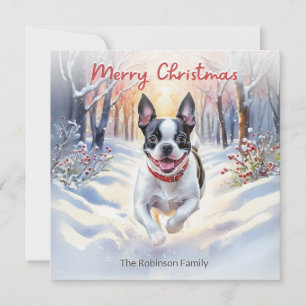 Schattige Boston Terrier-hond in winterkerstscene Feestdagenkaart