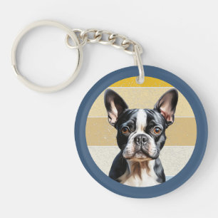 Schattige Boston Terrier-hond Retro Achtergrond Sleutelhanger