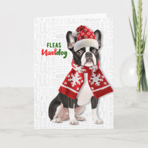 Schattige Boston Terrier Hond Vlooien Navidog Kers Feestdagen Kaart