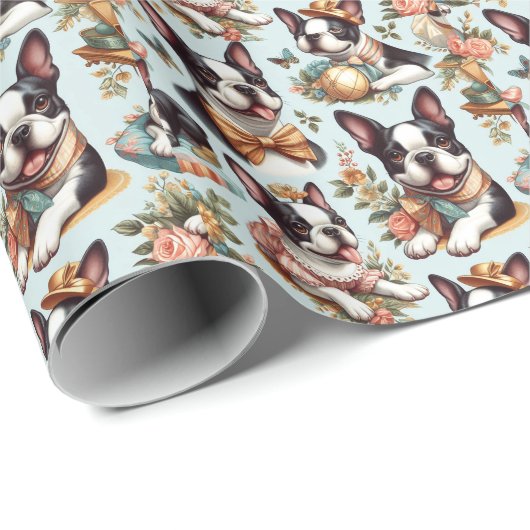 Schattige  Boston Terrier Illustratie Cadeaupapier (Rol Hoek)