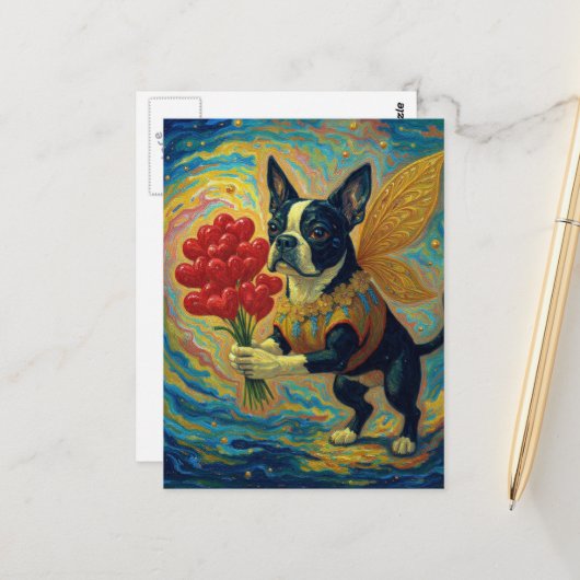 Schattige Boston Terrier Met Harten Briefkaart (Voorkant / Achterkant in situ)