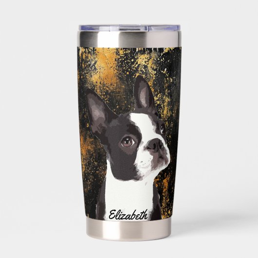 Schattige Boston Terrier Naam Hond Zwart Classy Mo Geïsoleerde Drinkbeker (Voorkant)