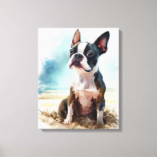 Schattige Boston Terrier Op Het Strand Canvas Afdruk (Voorkant)