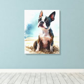 Schattige Boston Terrier Op Het Strand Canvas Afdruk (Insitu (Houten vloer))