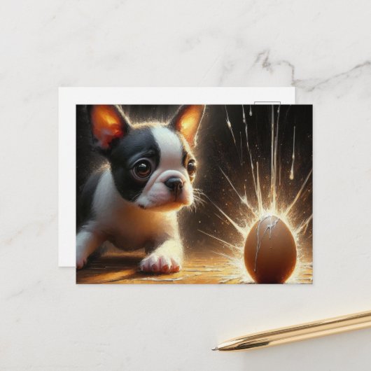 Schattige Boston Terrier Puppy Broken Egg Briefkaart (Voorkant / Achterkant in situ)