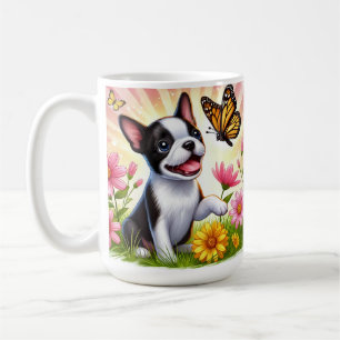 Schattige Boston Terrier Puppy Speelt Met Vlinder Koffiemok