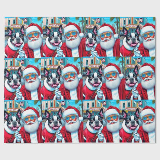 Schattige Boston Terrier Santa Clause Kerstmis Des Cadeaupapier (Vlak)