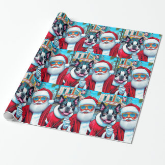 Schattige Boston Terrier Santa Clause Kerstmis Des Cadeaupapier