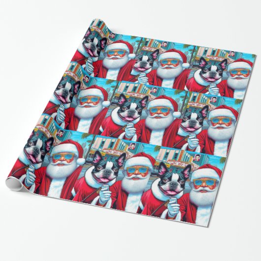 Schattige Boston Terrier Santa Clause Kerstmis Des Cadeaupapier (Uitgerold)