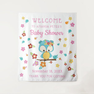Schattige bosuil en bloemen baby girl baby shower wandkleed