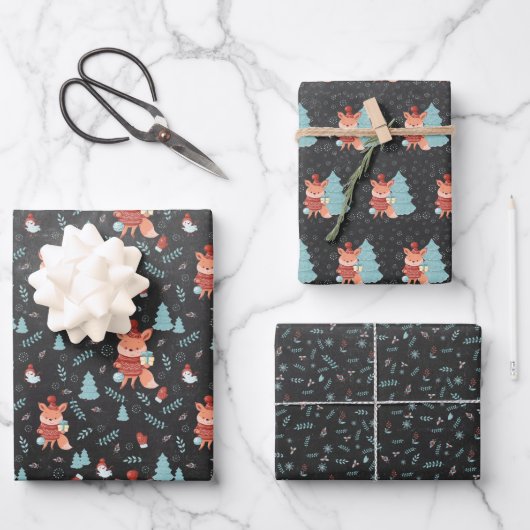 Schattige Bosvos Zwarte Kerst Inpakpapier Vel (Voorkant)