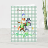 Schattige bosvossen groene gingham 1e verjaardag (Voorkant)
