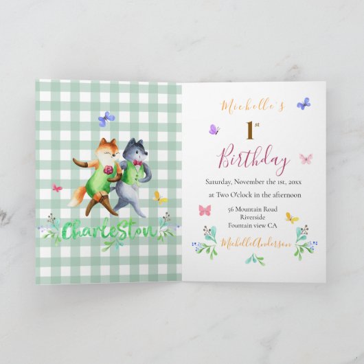 Schattige bosvossen groene gingham 1e verjaardag (Binnen)