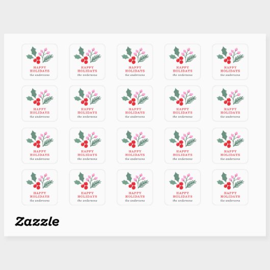 Schattige Botanisch Rood Roze Kerstfeest Vierkante Sticker (Vel)