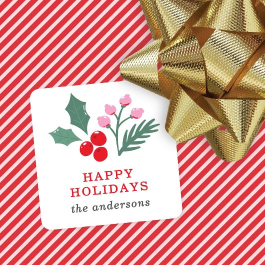 Schattige Botanisch Rood Roze Kerstfeest Vierkante Sticker