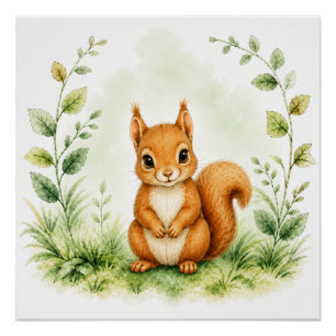 Schattige Botanische Rode Eekhoorn Aquarel Wilde D Perfect Poster