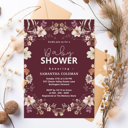 Schattige Bourgogne Boho Wildflower Modern Baby sh Kaart