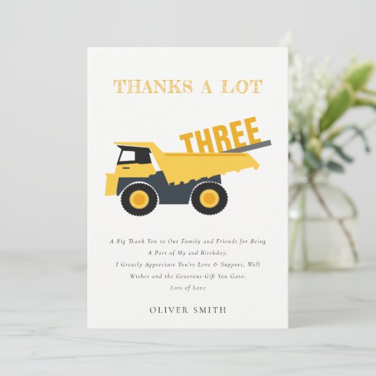 Schattige bouw dump truck verjaardag voor elke lee bedankkaart (Staand voorkant)