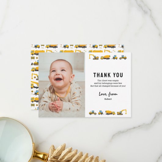 Schattige bouw foto verjaardag bedankt kaart (Voorkant / Achterkant in situ)