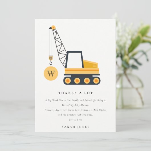 Schattige Bouwkraan Voertuig Baby Shower Bedankkaart (Staand voorkant)