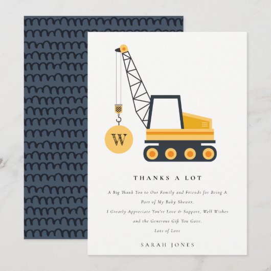Schattige Bouwkraan Voertuig Baby Shower Bedankkaart (Voorkant / Achterkant)
