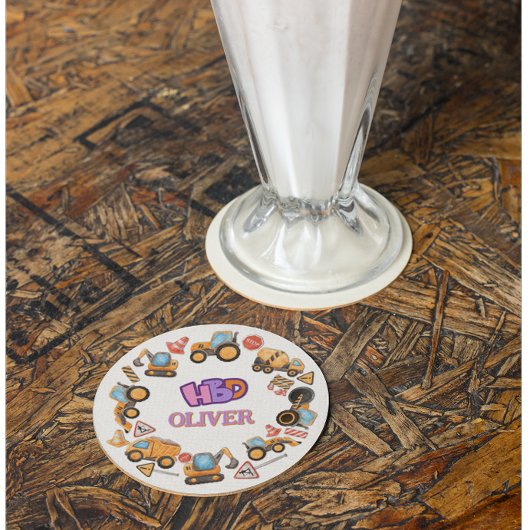 Schattige bouwthema verjaardagsfeest ronde kartonnen onderzetter