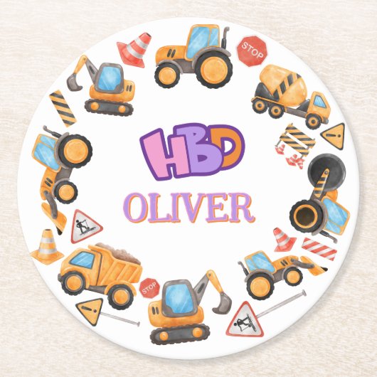 Schattige bouwthema verjaardagsfeest ronde kartonnen onderzetter (Voorkant)