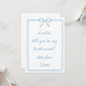 Schattige Bow Blue Handgeschreven Chic Bruidsmeisj Kaart (Voorkant / Achterkant in situ)